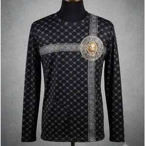 Portabella New York Mens Black Gold Lion Greek Key Long Sleeve Slim Fit Shirt XL